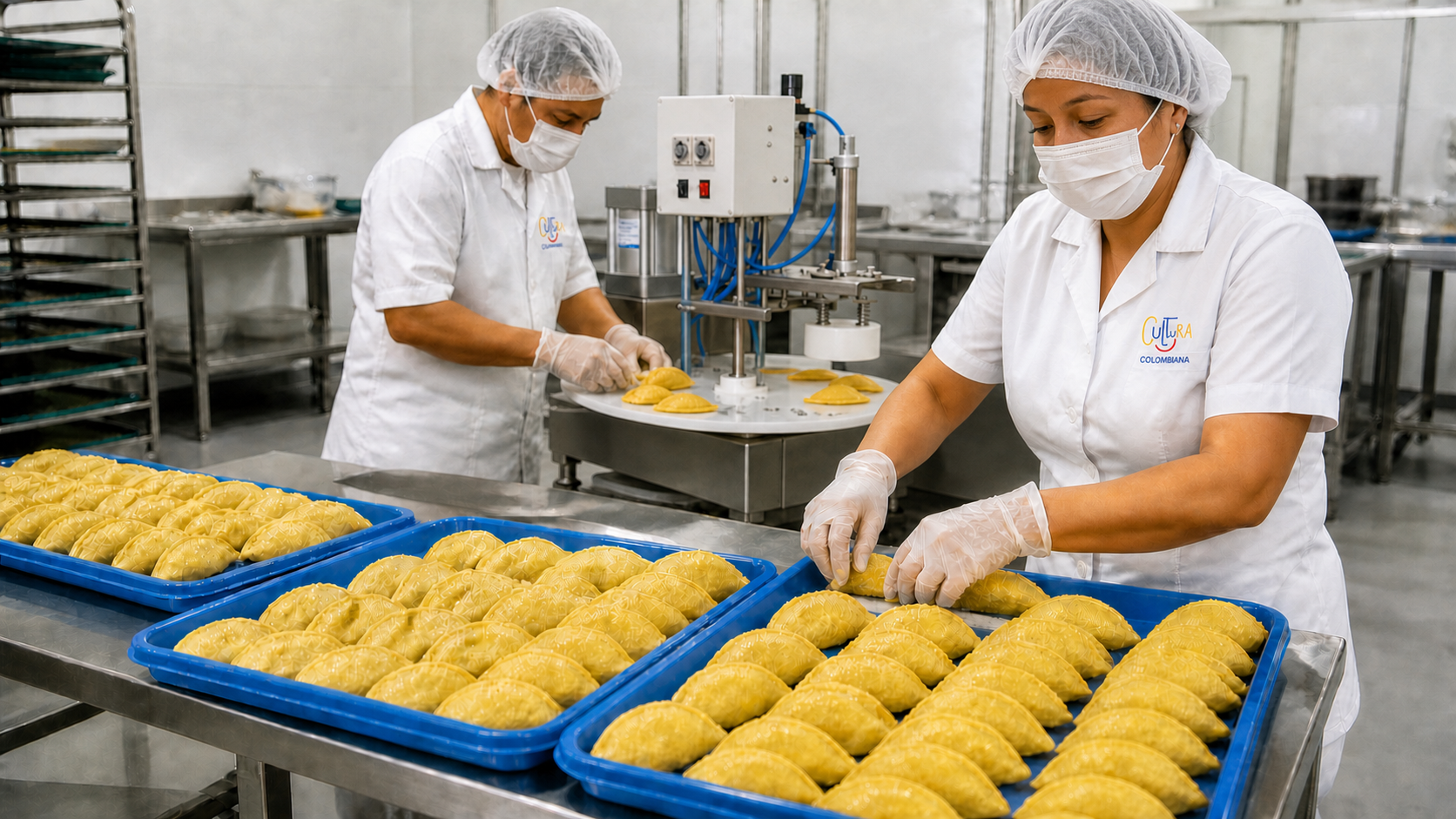 Operarias de Cultura Colombiana preparando bandejas de empanadas en la planta de produccion